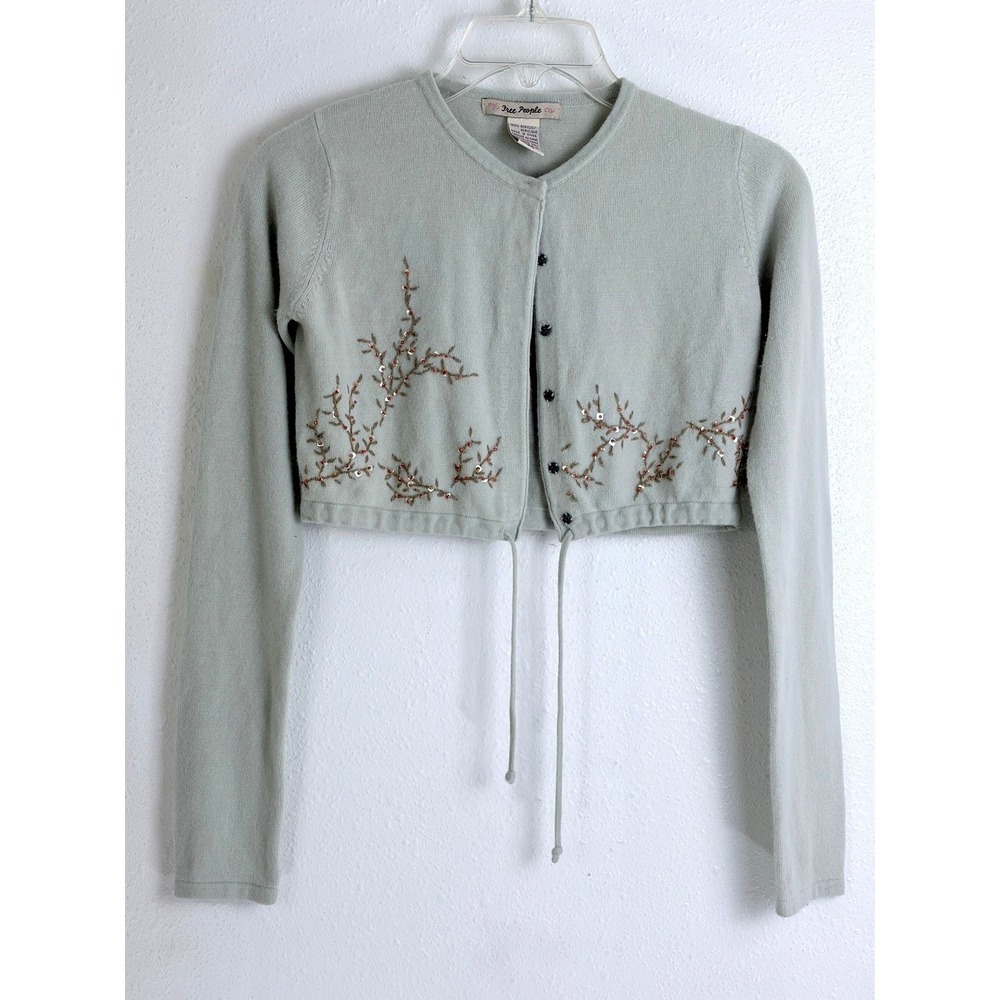 Vintage Free People Sage Green Cropped Cardigan S Embroidered Sequin Tie Front